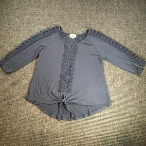 Fyve Womens Navy Blue Crochet Lace 3/4 Sleeve Tie Front Top MKG3185 Size S